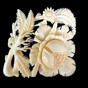 Victorian Museum Quality Bovine Bone Peony Flower Estate Pendant